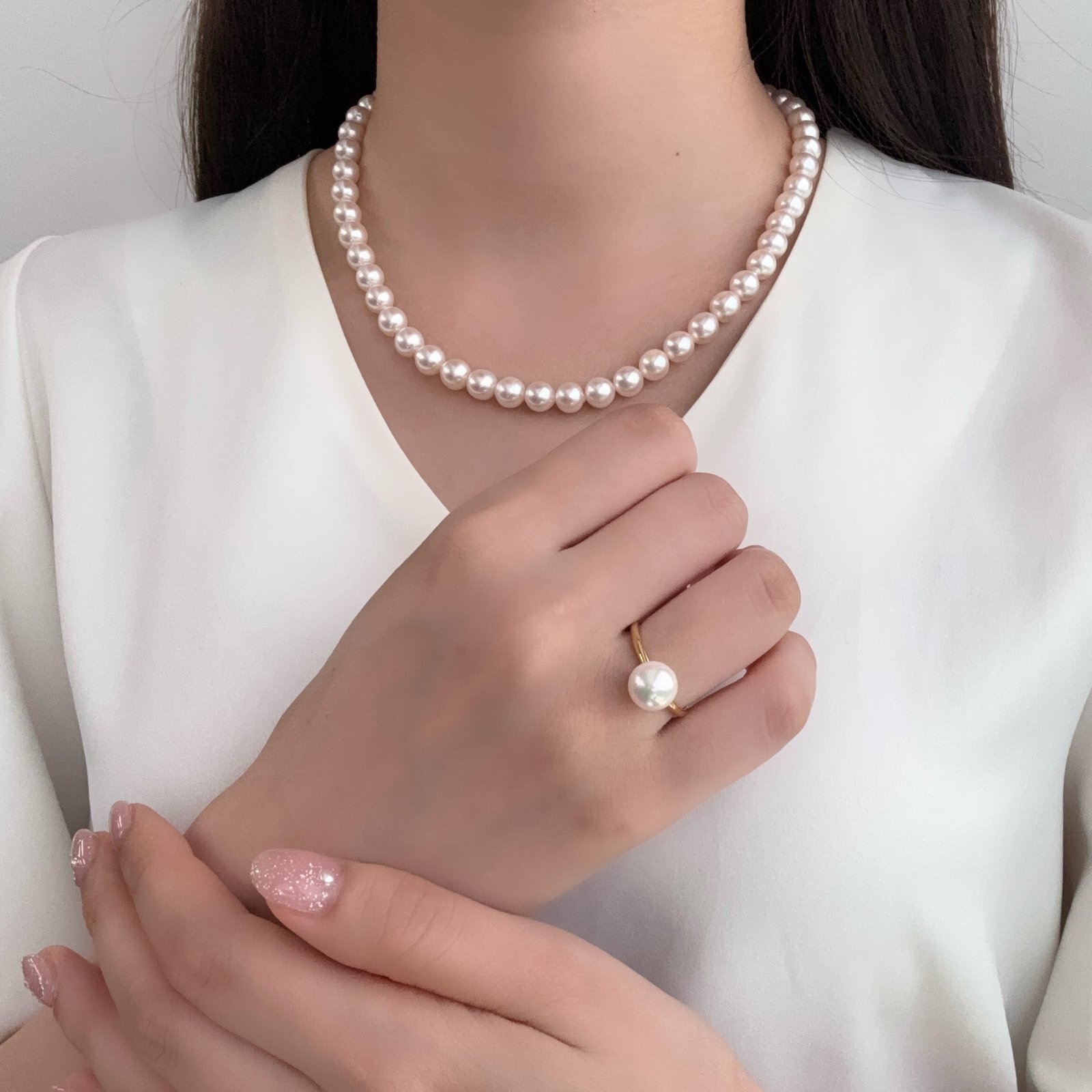 アコヤ真珠 パールリング 8-8.5mm ホワイト ラウンド K18YG 12号