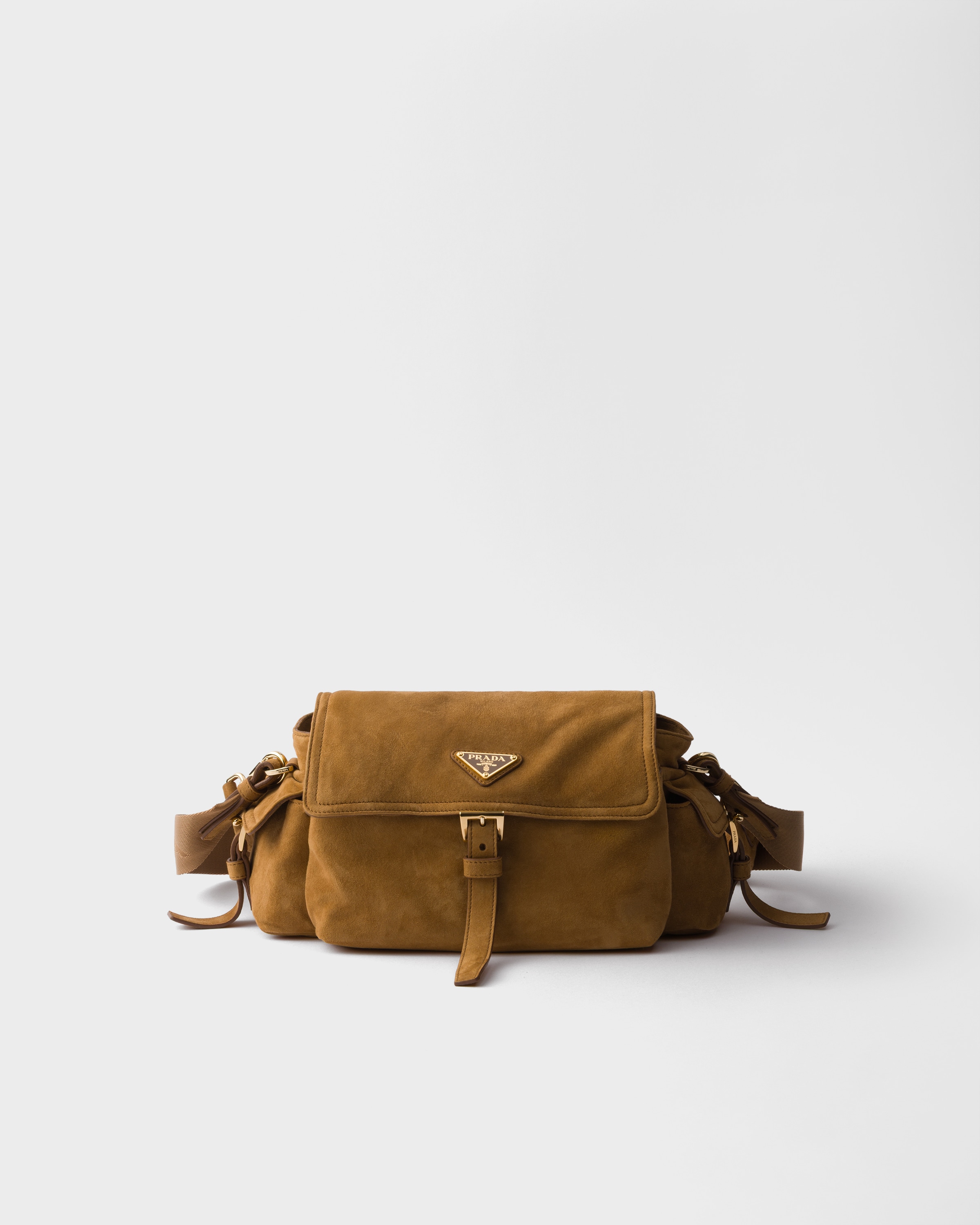 Cinnamon Prada Explore Medium Suede Shoulder Bag With Flap | PRADA