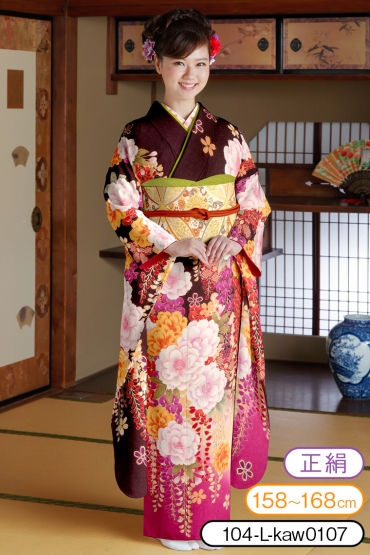 振袖レンタル 振袖Lサイズ 牡丹に下り藤 セピア/紫｜着物レンタル 安心