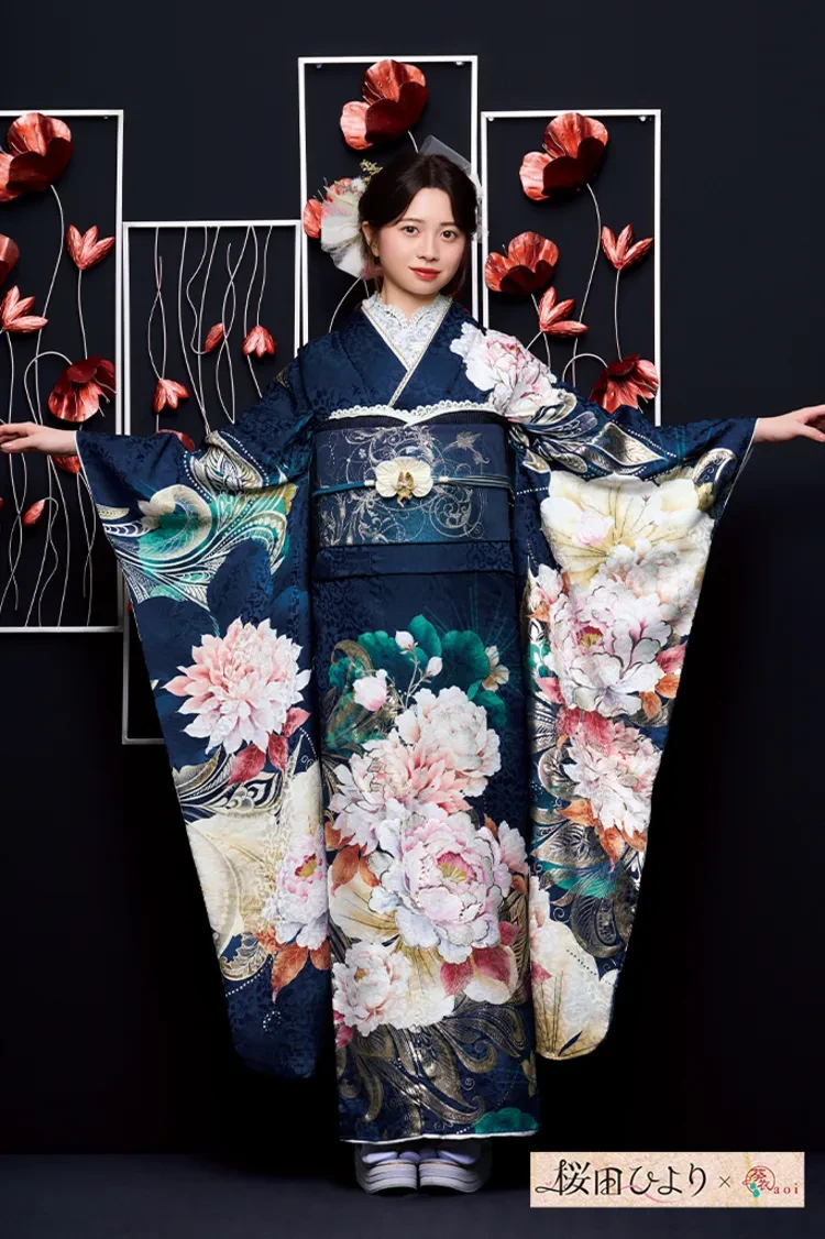 桜田ひよりブランド振袖 ネイビー 牡丹柄 華やか 綺麗 豪華 【通販可