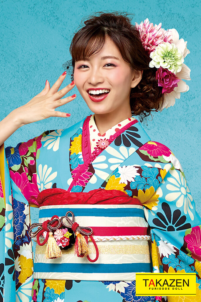 激安レトロポップ 水色/黄/ピンク/カラフル 総柄 個性的振袖 派手