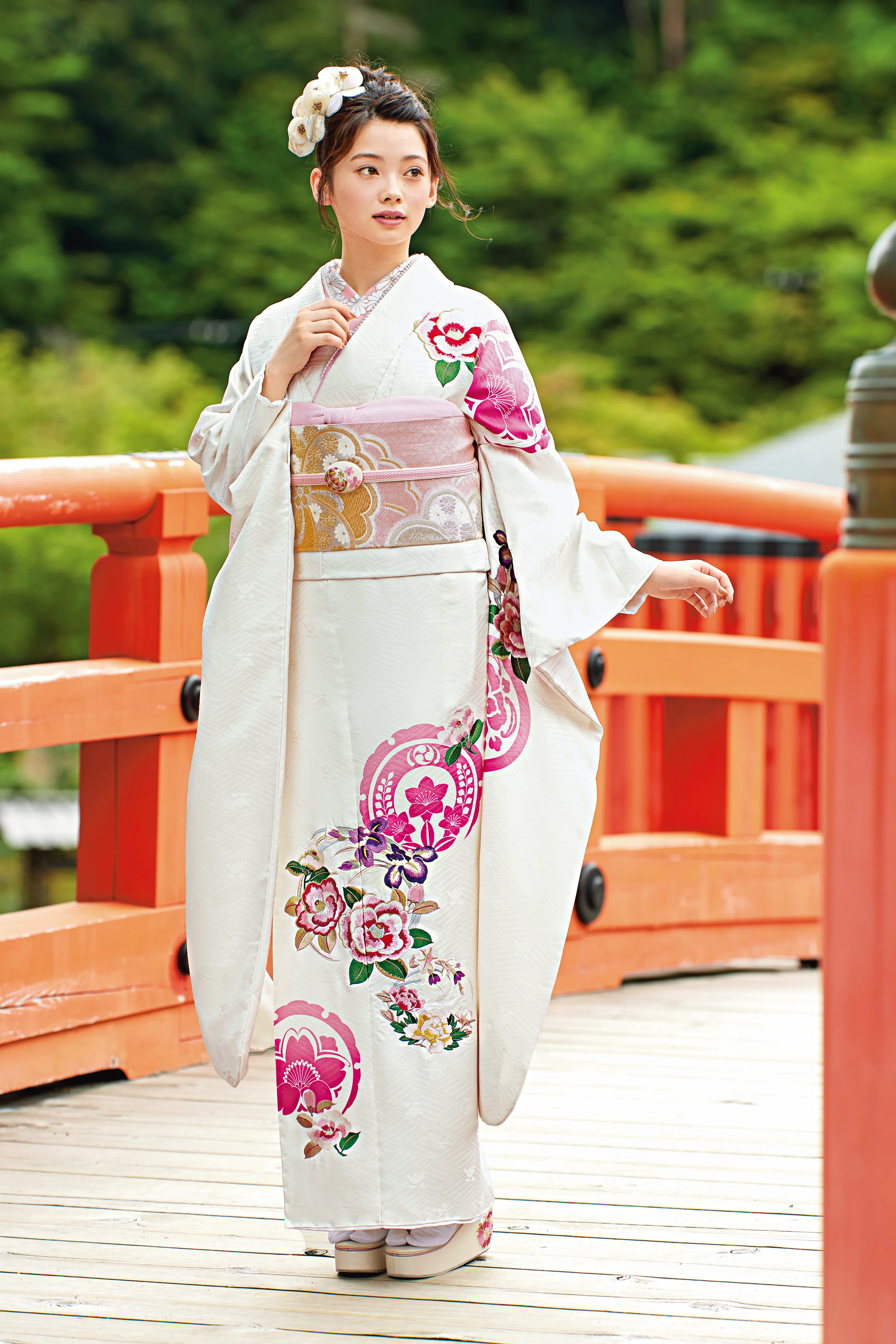 正統派古典 白/ピンク 椿柄/すっきり柄 シンプル かわいい 清楚 お