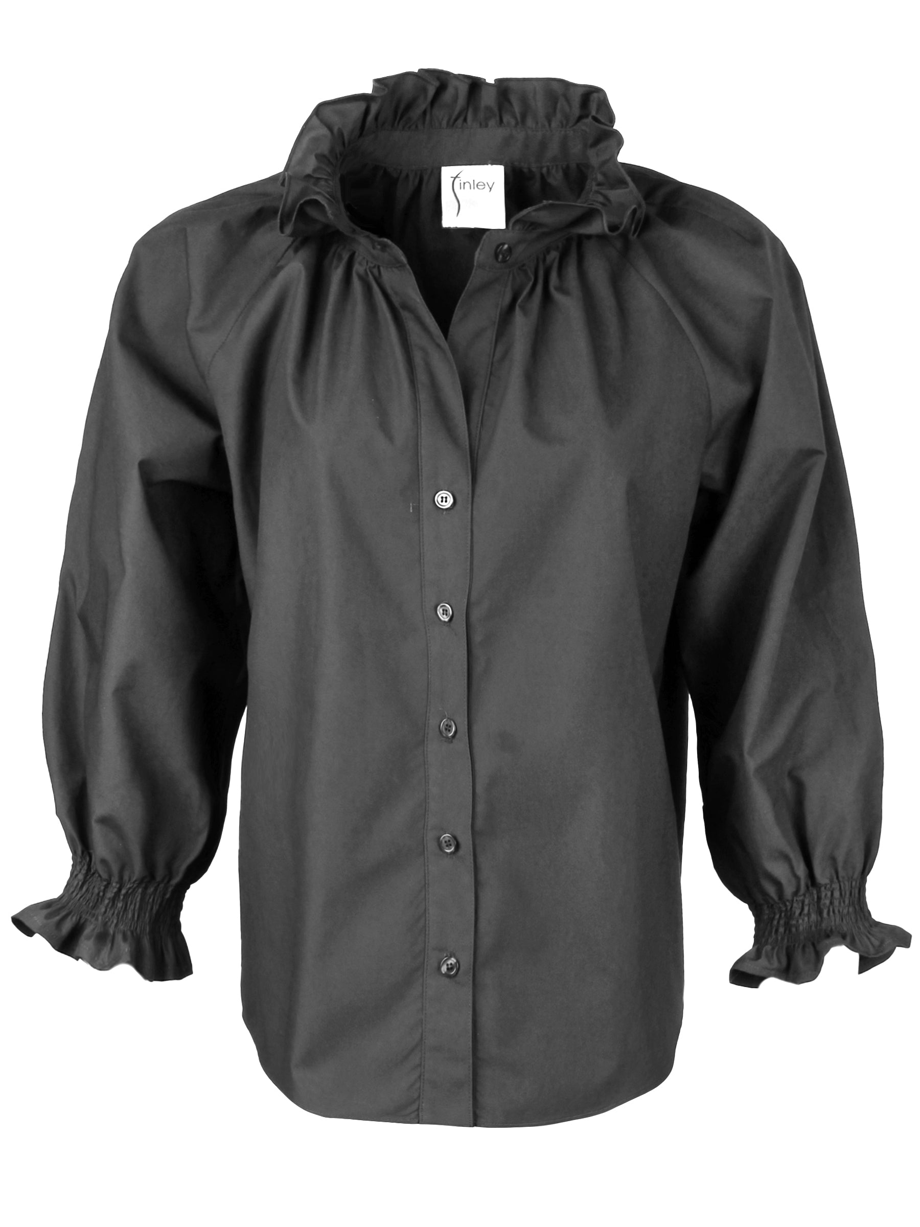 Fiona | Black Ruffle Collar Poplin Shirt with Blouson Sleeves | Finley