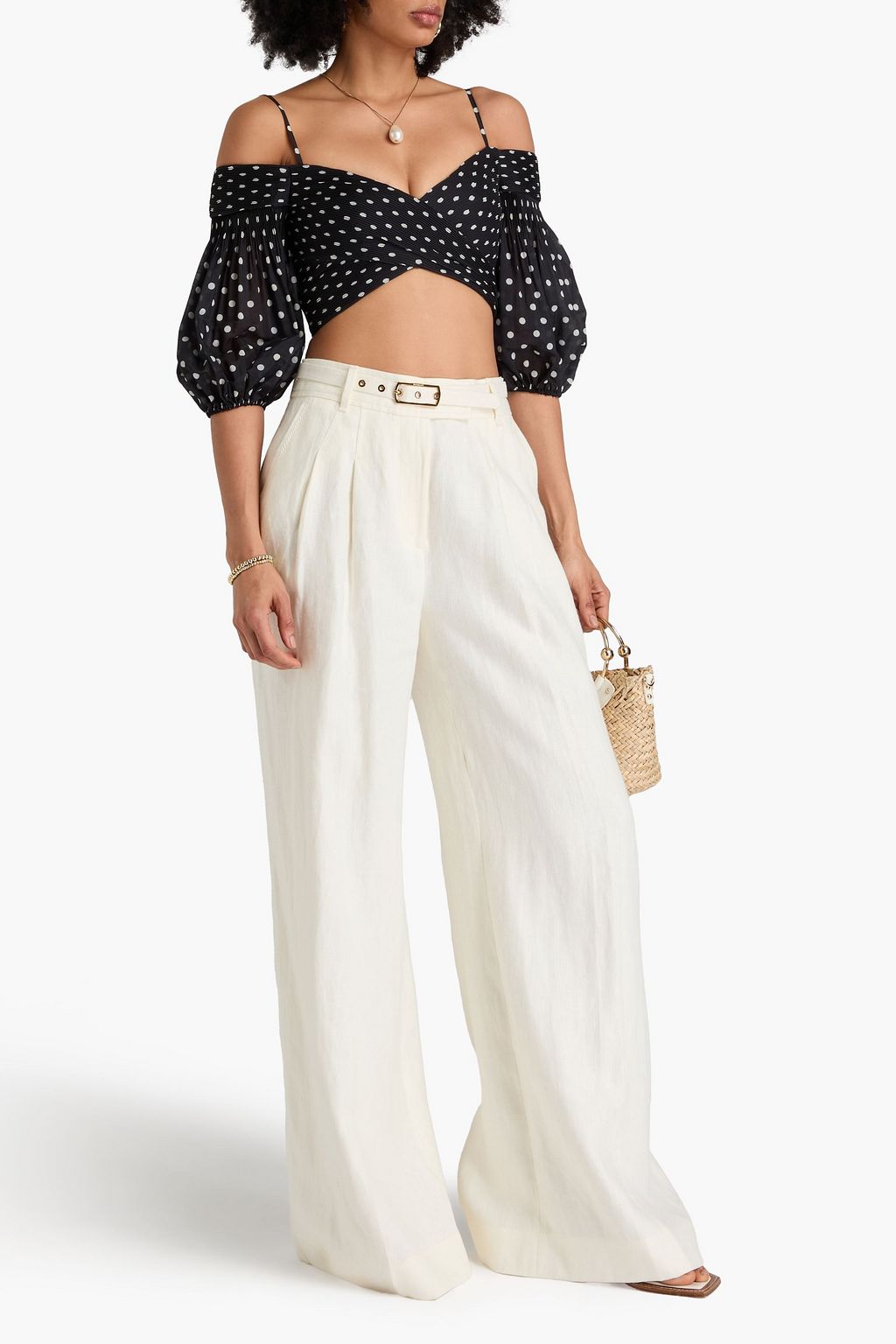 ZIMMERMANN Cropped cold-shoulder pleated polka-dot organza top