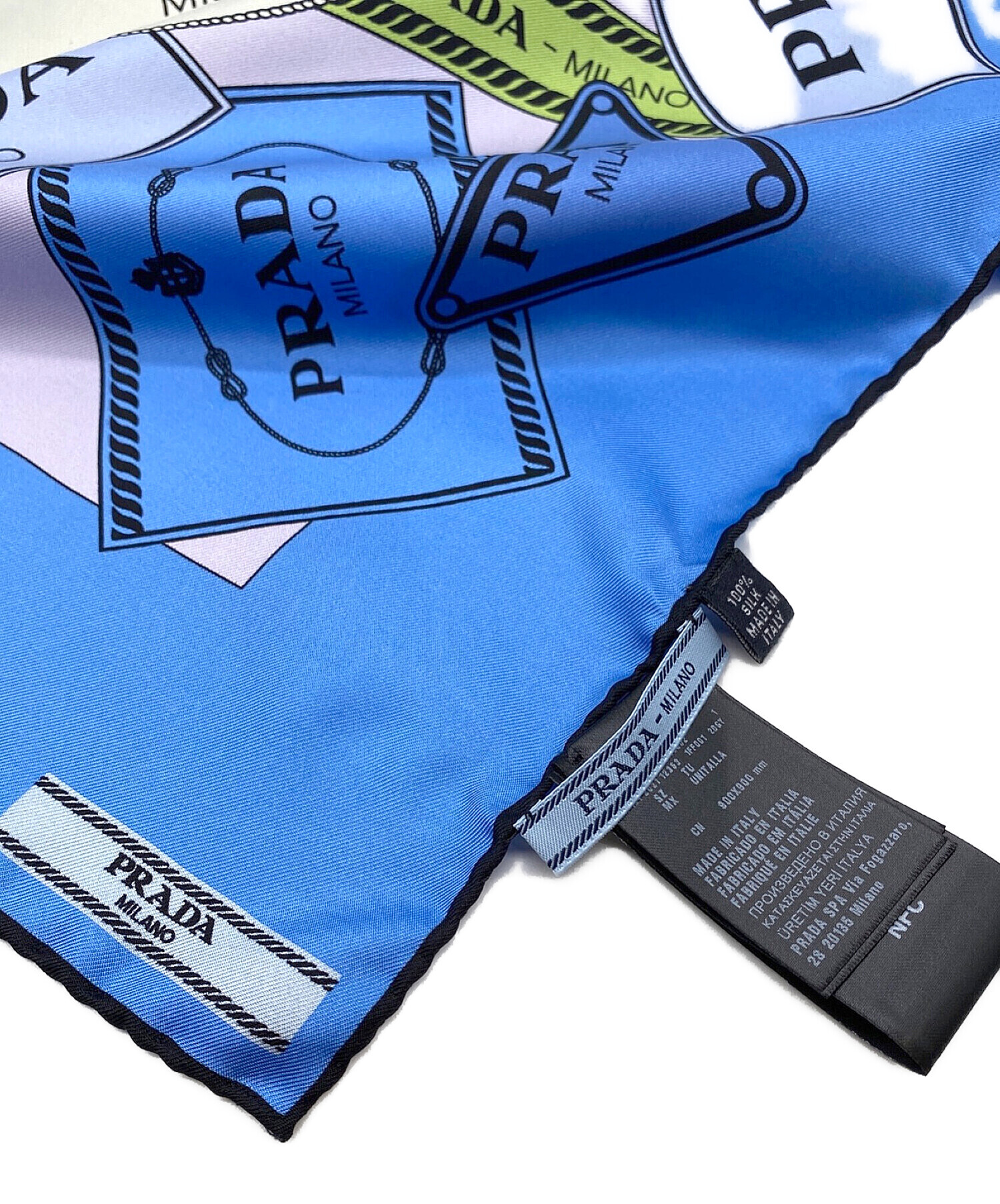 中古・古着通販】PRADA (プラダ) ロゴ総柄シルクスカーフ スカイブルー