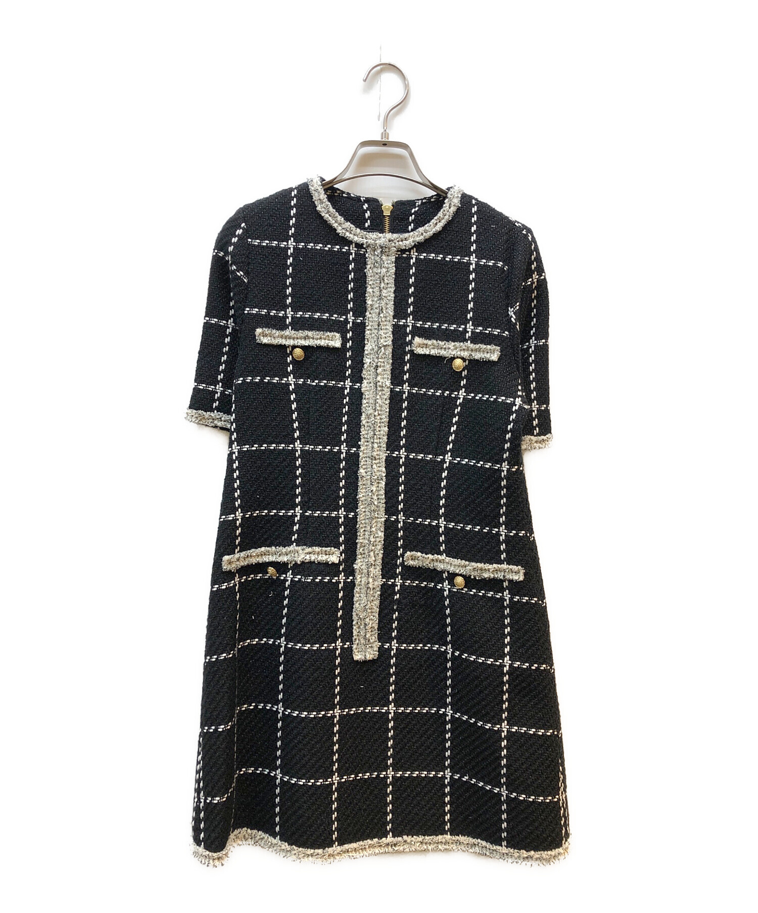 中古・古着通販】sheller (シェリエ) フリンジツイードドレス ブラック