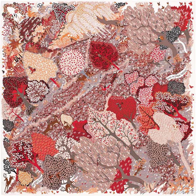 HERMES エルメス スカーフ カレ90 英国式庭園にて 白/ボルドー/グリス