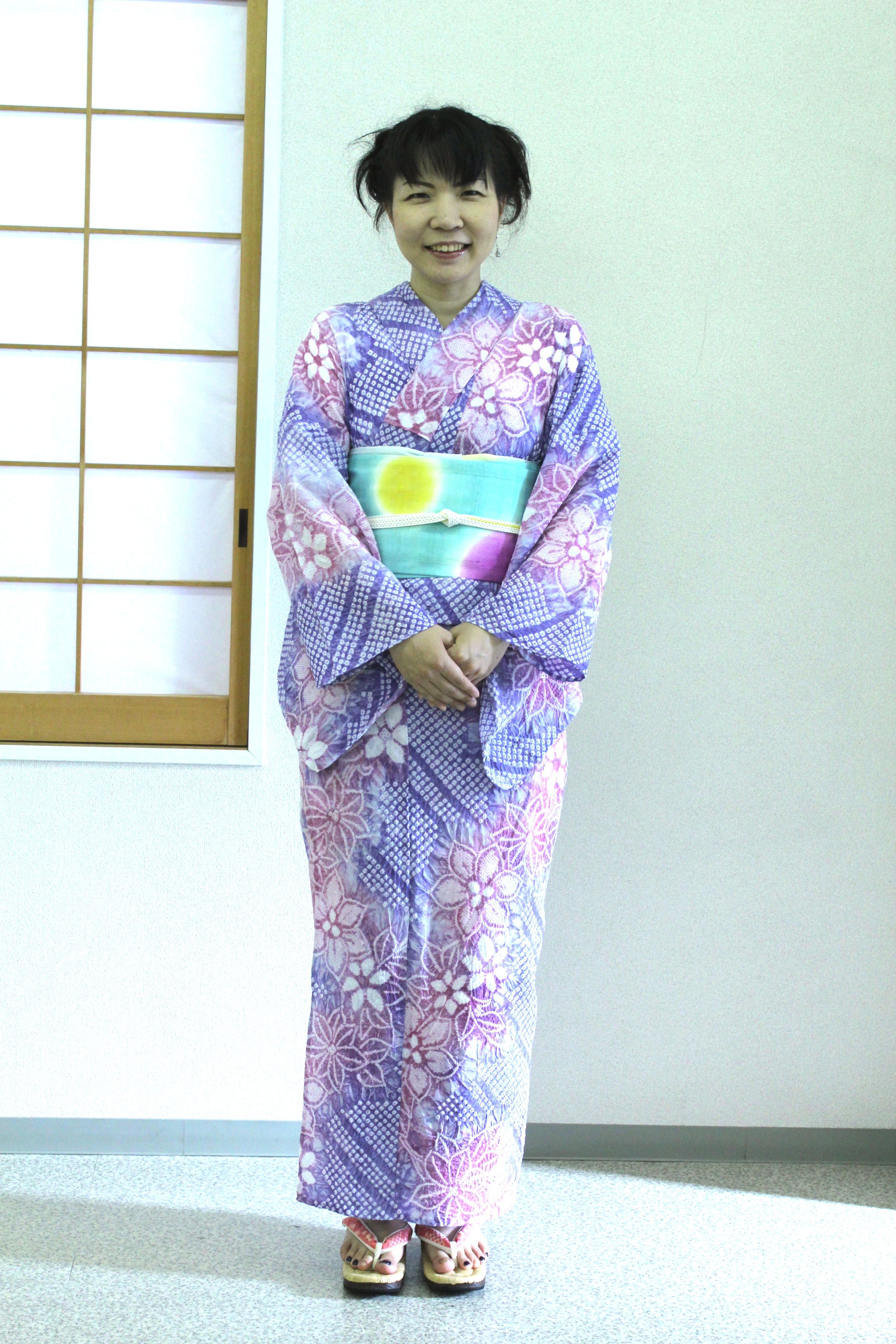 浴衣のコーディネート☆『藤娘きぬたや』絞りの浴衣に名古屋帯