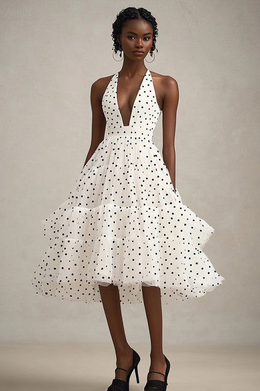 Zapakasa Women Black and White Tulle Midi Polka Dot Dress with