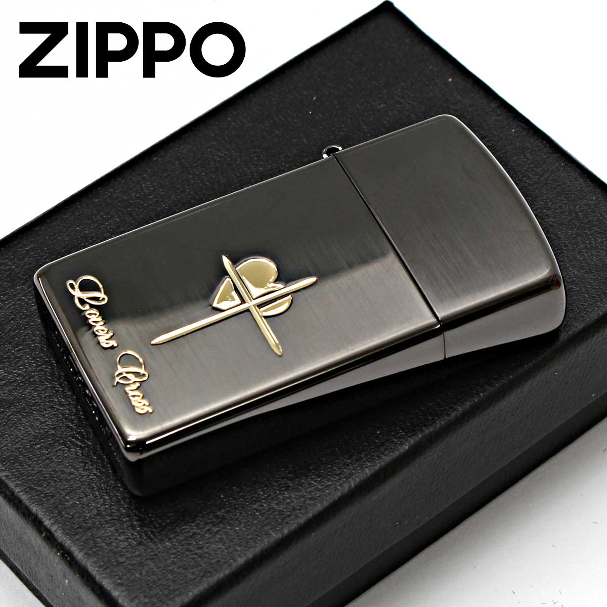 Zippo ジッポー ラバーズ クロス スリム ハート 黒サテーナ＆金 Lovers
