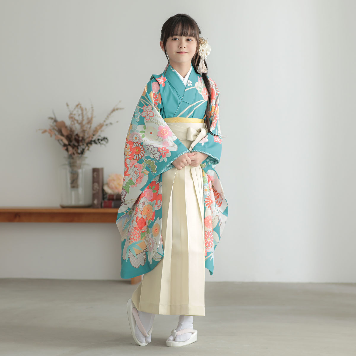 四つ身＋袴レンタル：N141 浅葱色 花の扇面に手毬│ 袴レンタル