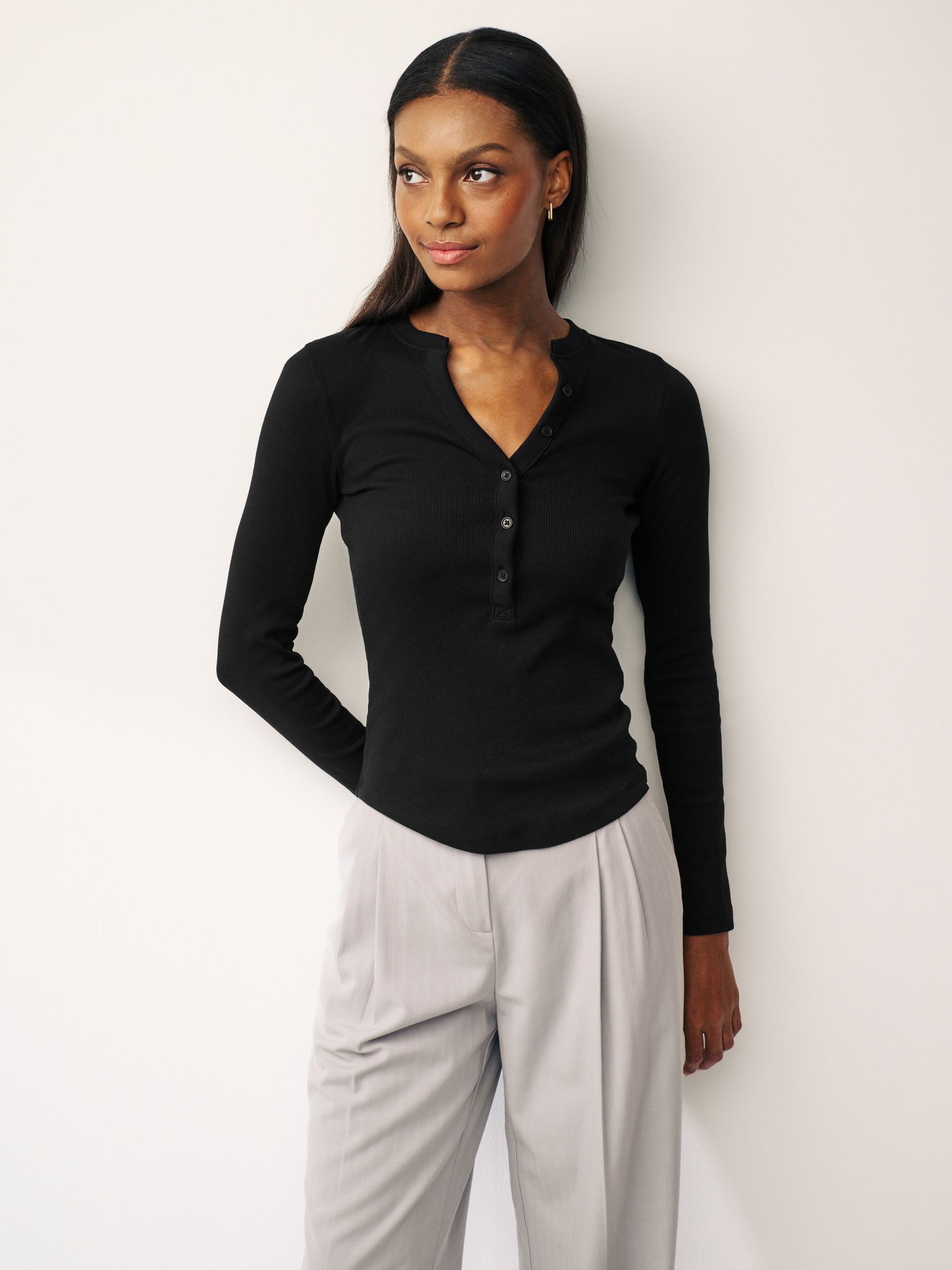 Buy Black Ribbed Button Detail Long Sleeve Henley Top from Next