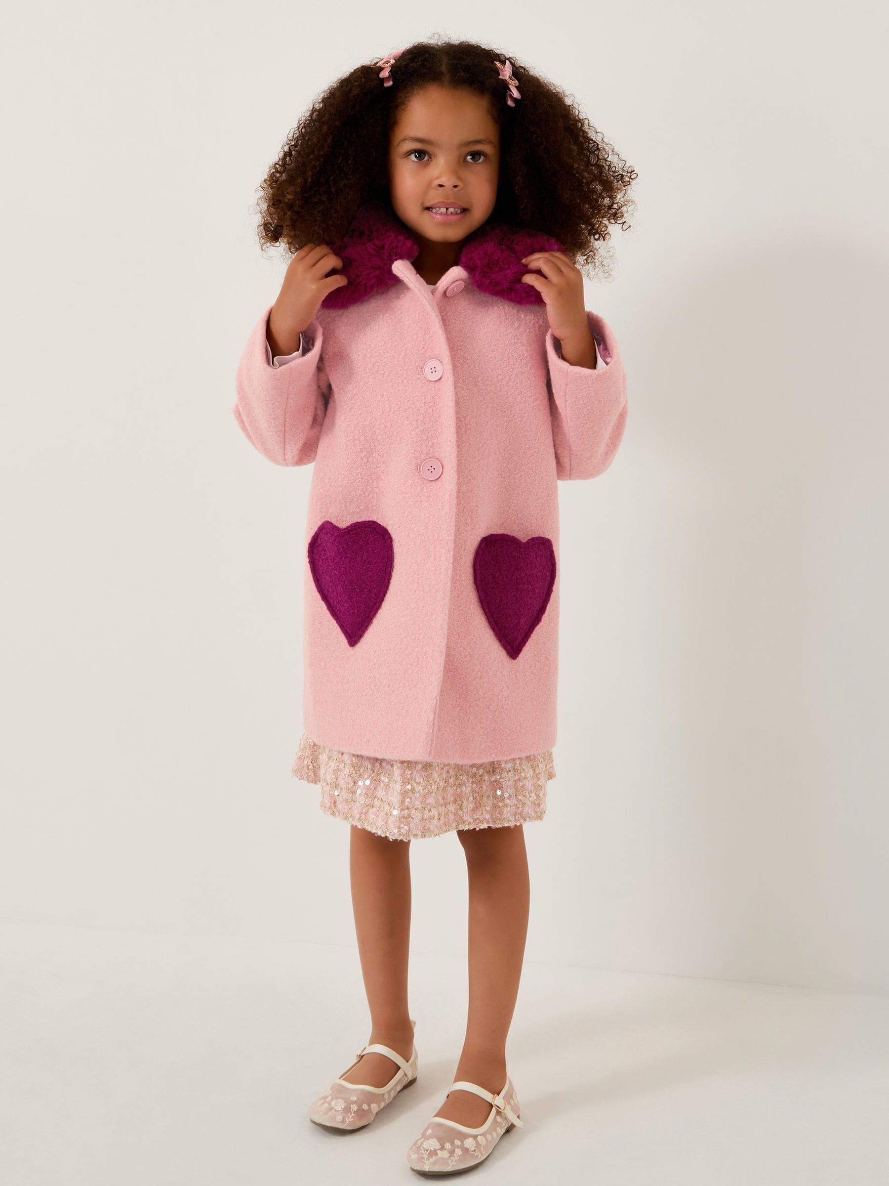 Buy Monsoon Pink Heart Boucle Faux Fur Collar Coat from Next USA