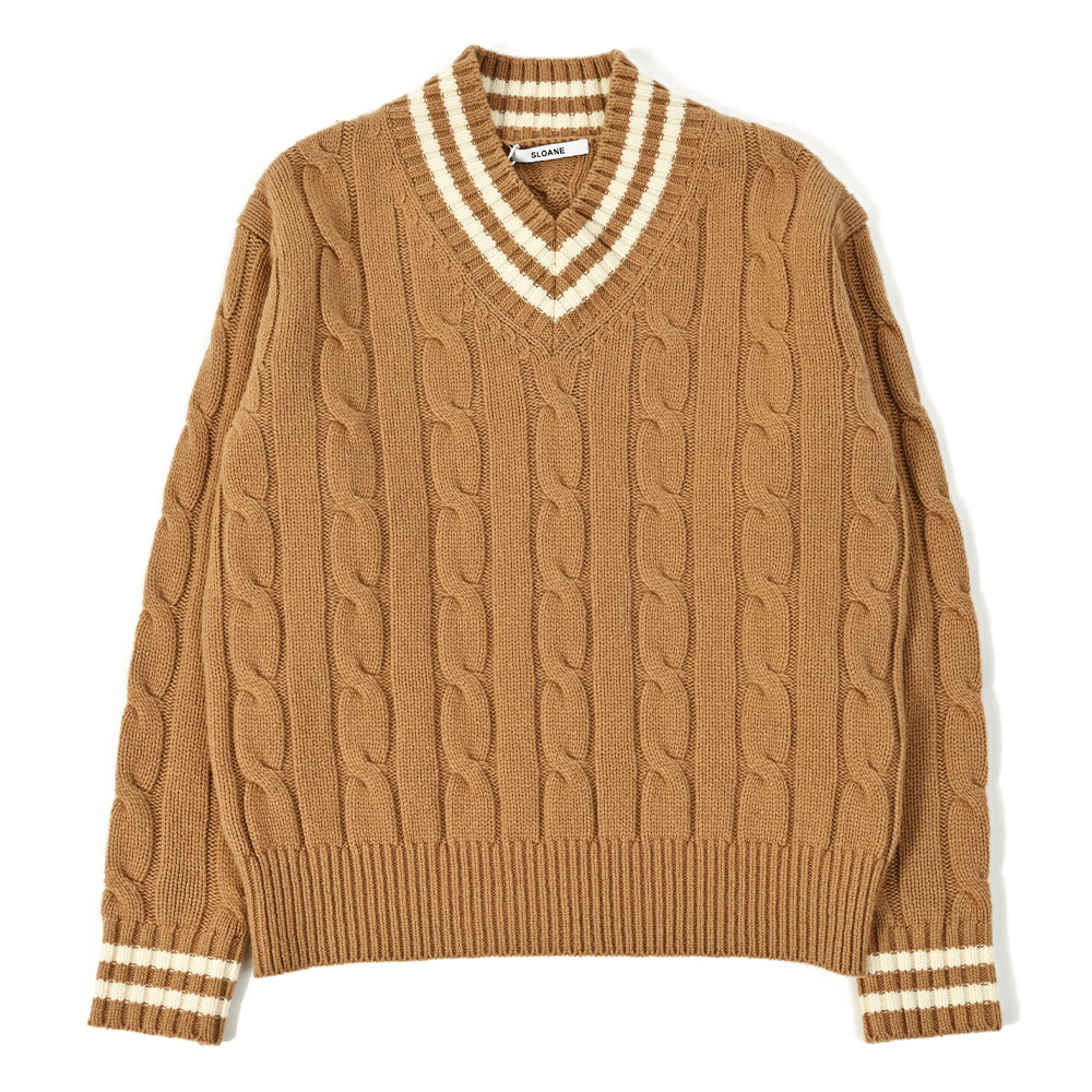ケーブル ラインVネック キャメル×ホワイト Traditional Standard