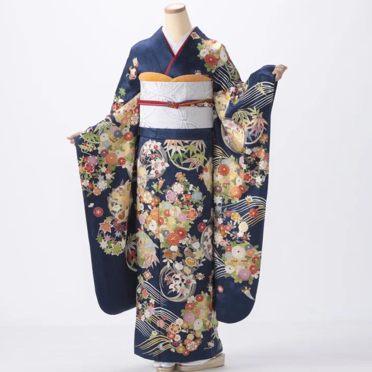 f0922197r】【青・紺系】振袖 レンタル フルセット Lサイズ 【状態:S