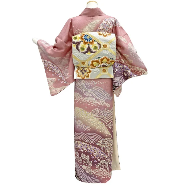 a2211406】【レンタル】訪問着 フルセット くすみピンク 絞り風 L