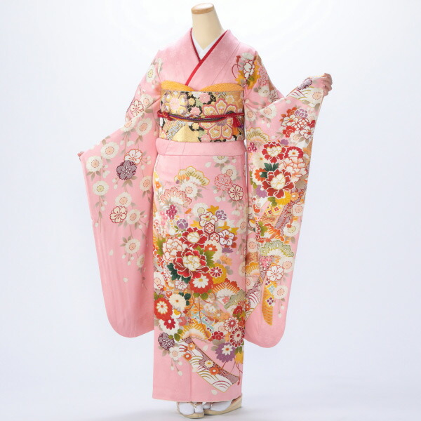 f0419109r】【ピンク・オレンジ系】振袖 レンタル フルセット Mサイズ