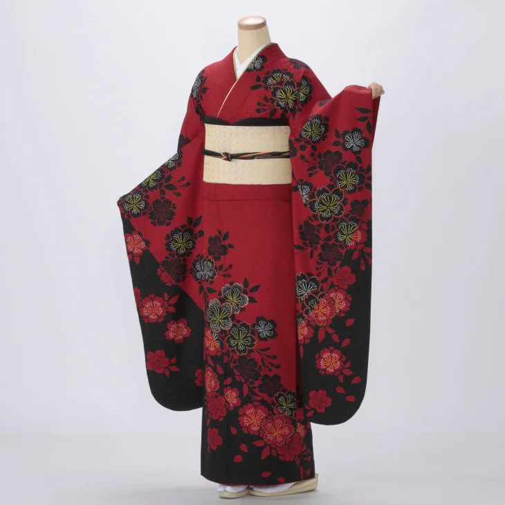 f0123019r】【赤・ワイン系】振袖 レンタル フルセット Mサイズ 【状態
