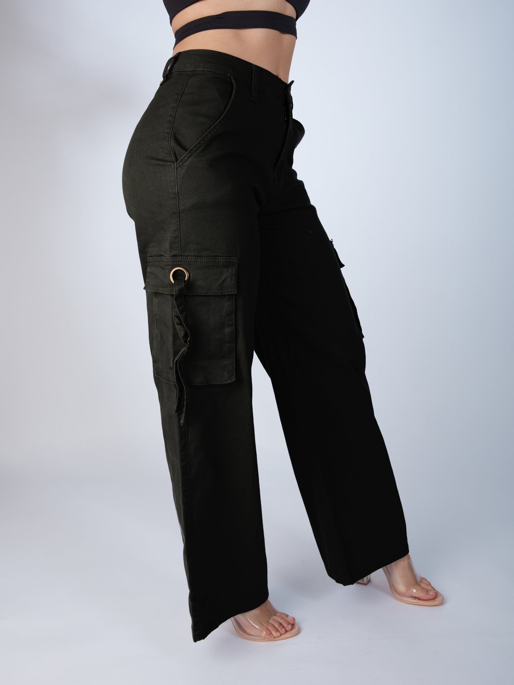 Black Wide Leg Cargo Pants with Deep Side Pockets & Strap Closure