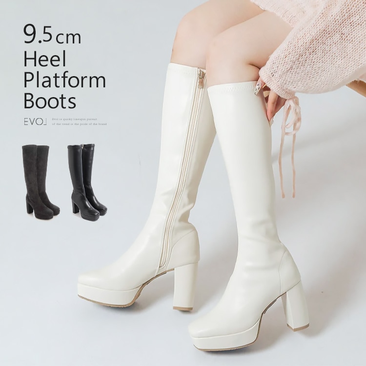 ロングブーツ 厚底ブーツ スクエアトゥ ハイヒール ヒール9cm チャン