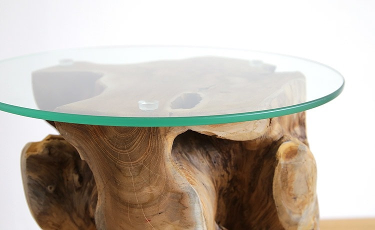 チーク×ガラス サイドテーブル 丸ガラス 円形テーブル 古材 天然木