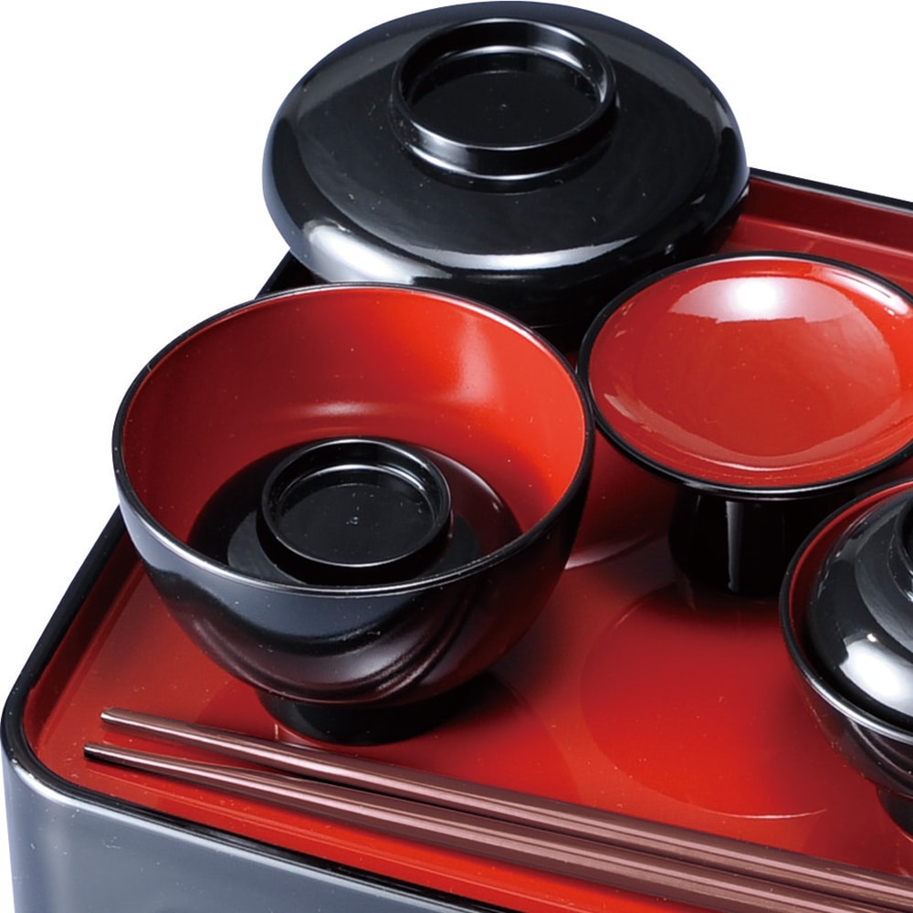 赤漆器セット 金縁付き 皿・椀・蓋付き、御膳大、中、付き 赤漆器