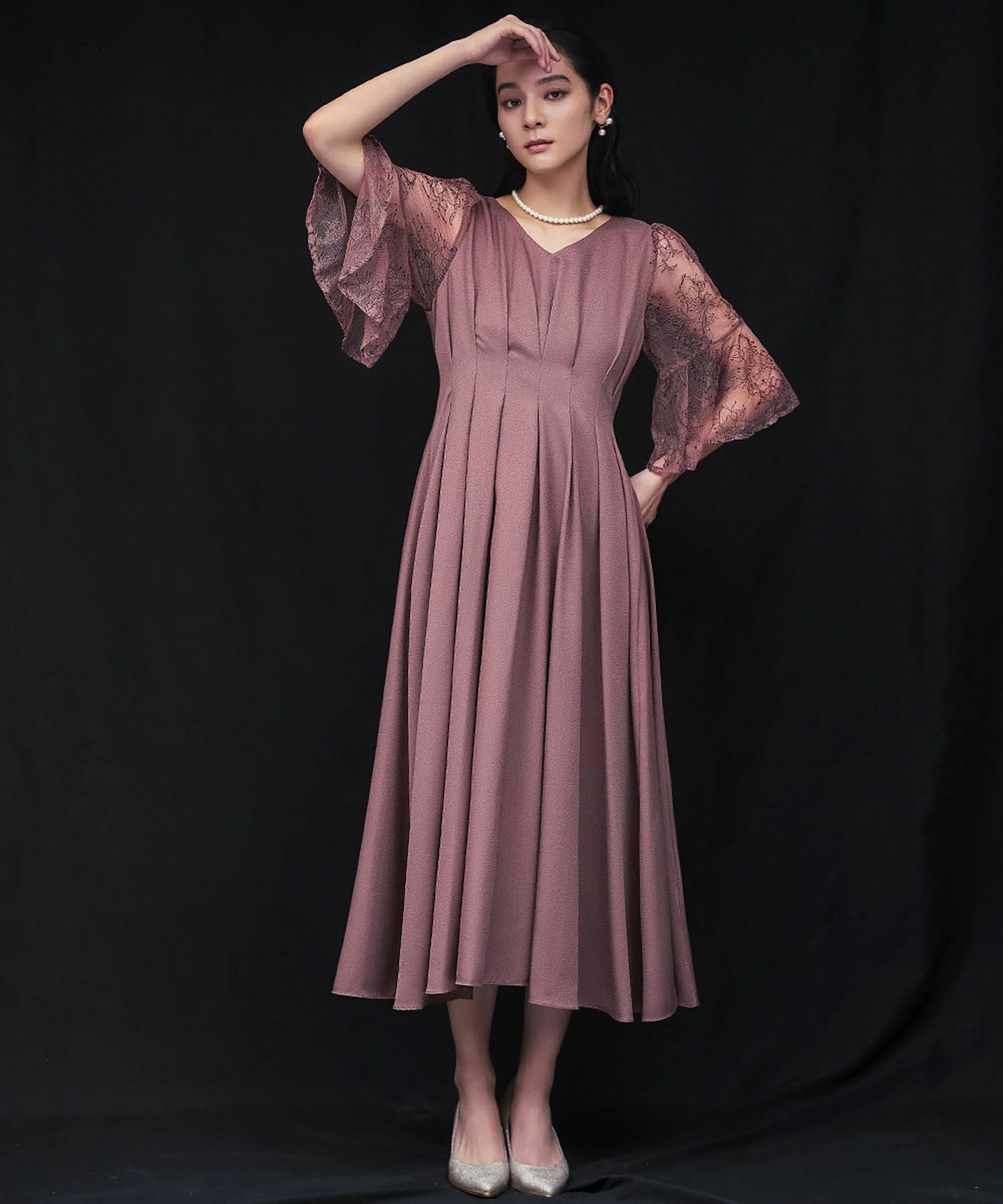 結婚式・お呼ばれ対応 |レース素材フレアスリーブXラインワンピース