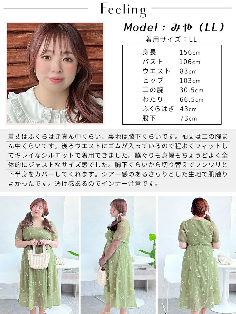 大きいサイズ レディース リーフ柄シアーワンピース goldy-1535