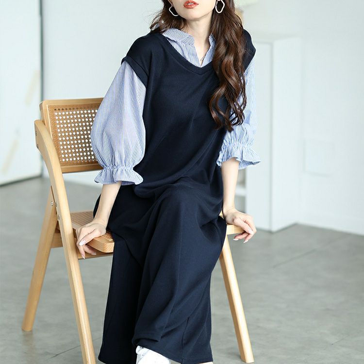 大きいサイズ レディース ストライプシャツ重ね着風ワンピース cast