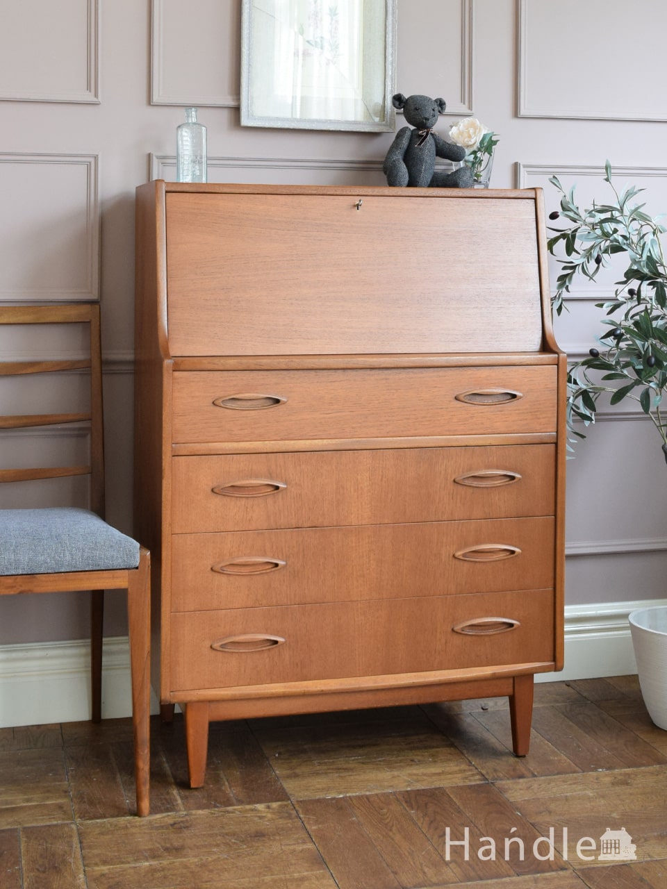 ビンテージの収納付きデスク、おしゃれなライティングビューロー(x