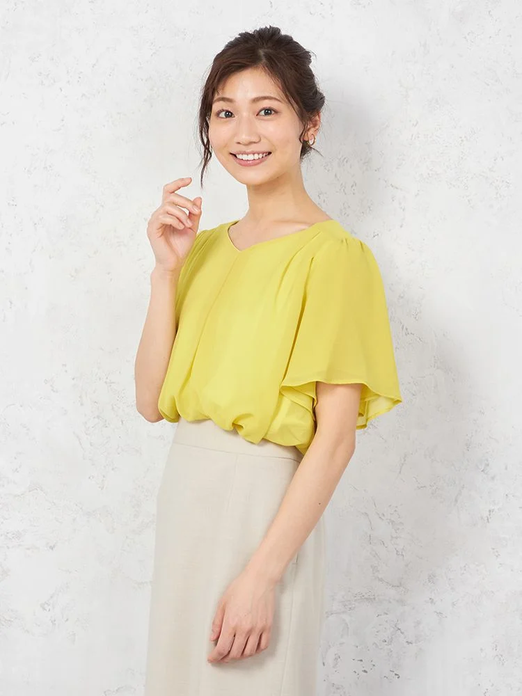 イエロー 【ハンドウォッシャブル】ブラウス 半袖 フレアスリーブ