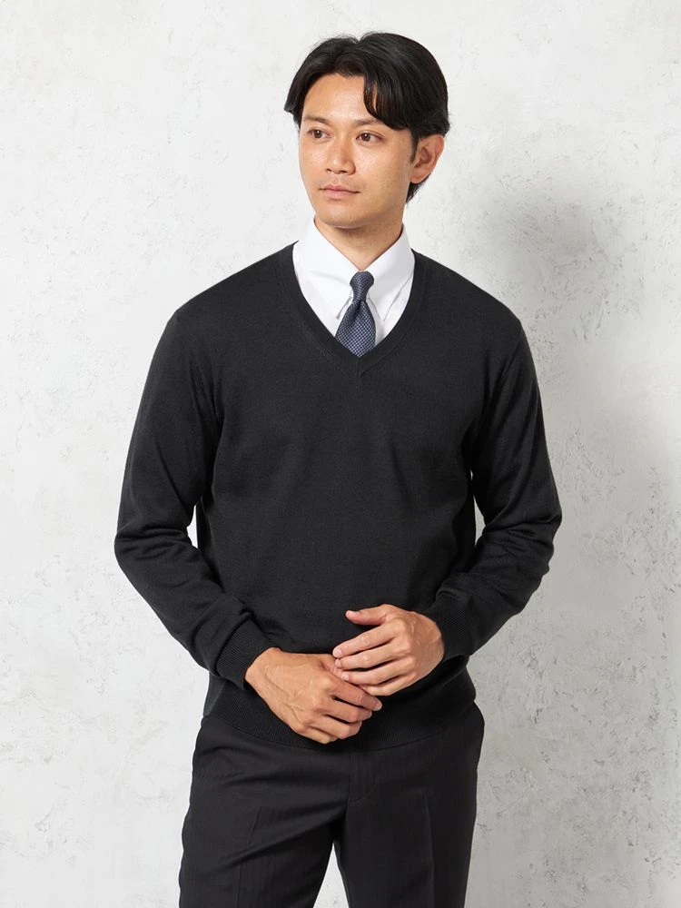 ブラック 【ウォッシャブル】ニット Vネックセーター 放電 抗ピリング