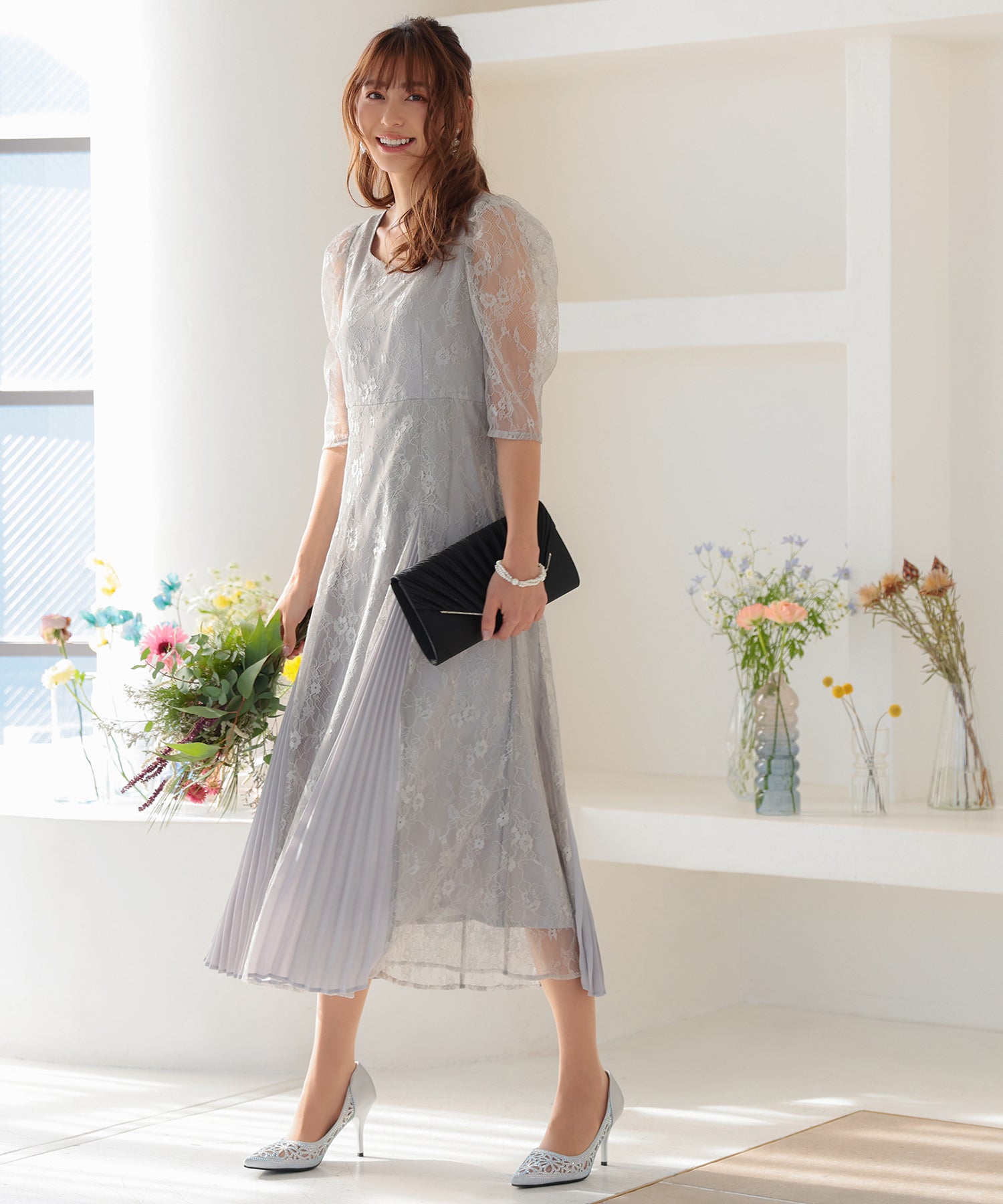 結婚式・お出かけワンピース｜プリーツ切替え総レースドレス/22321163