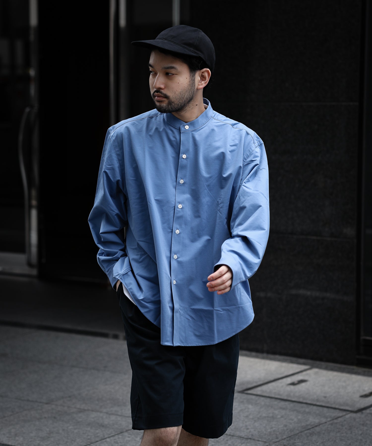 KANEMASA】ROYAL OX DRESS KNIT SHIRT STAND COLLAR LOOSE FIT - BLUE