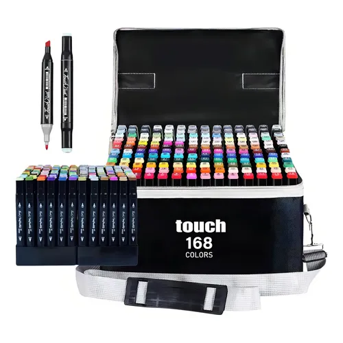 Kit Conjunto Marcador Touch Ponta Dupla 168 Cores Estojo Preto