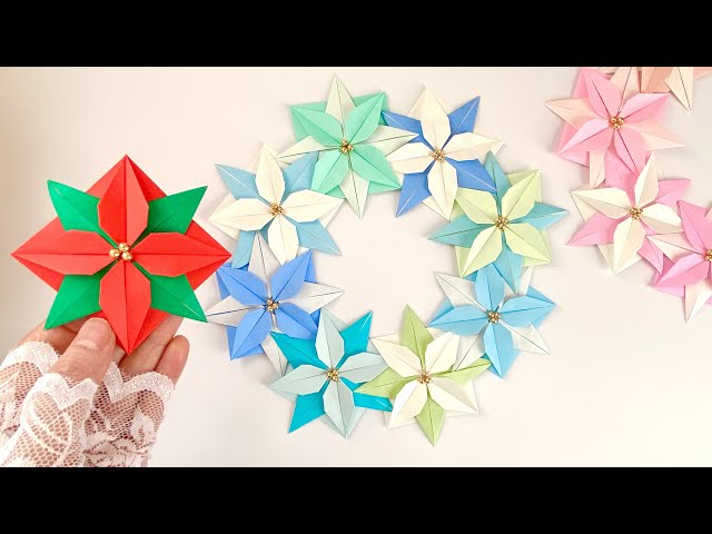 折り紙】クリスマスリース ポインセチア・2色の花の作り方／【Origami