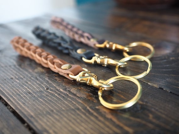 Braided Leather Keychain, Leather Braid Key Fob, Mens Key Ring W