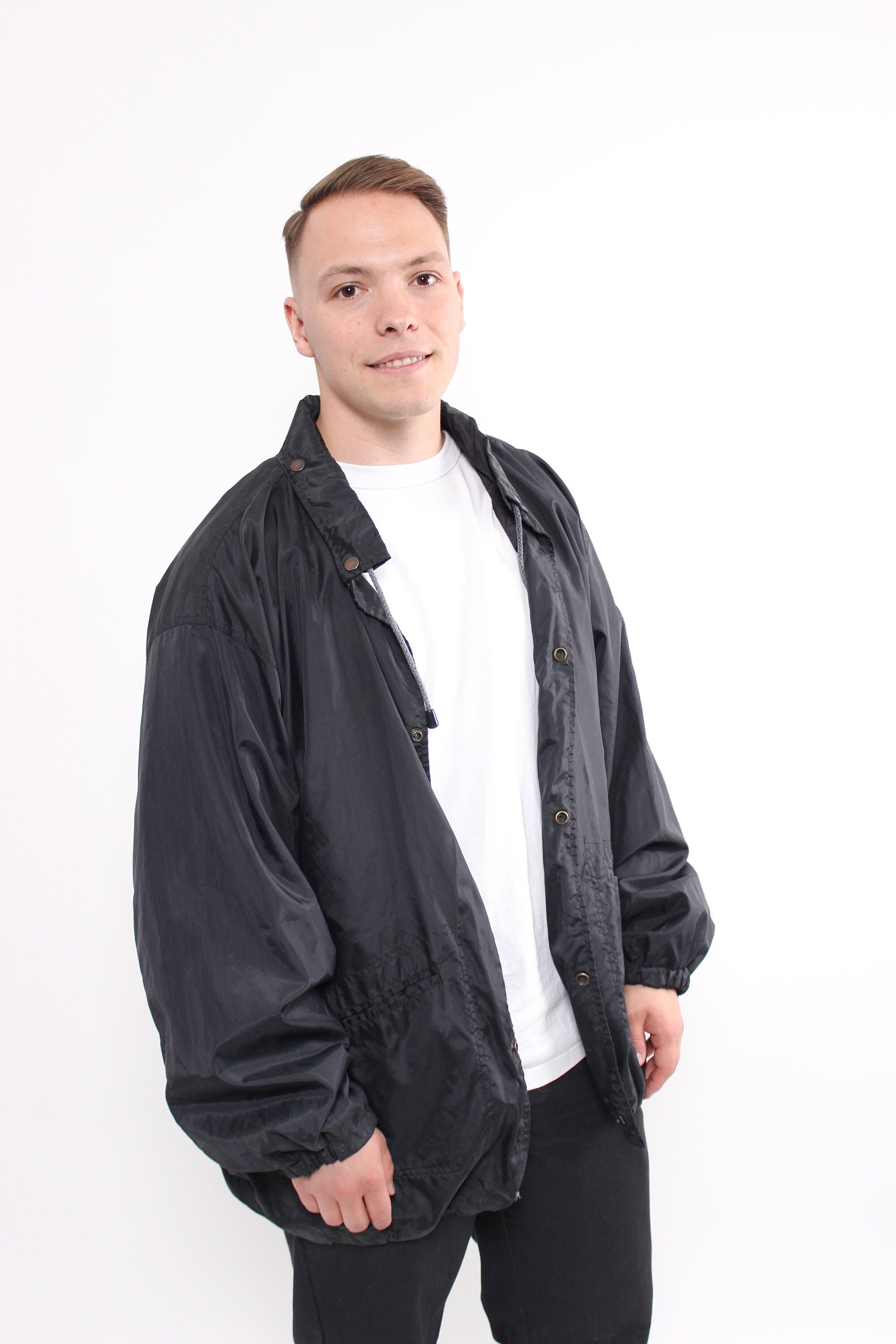 90s Oversized Coach Jacket, Vintage Black Sport Wear Jacket, Size