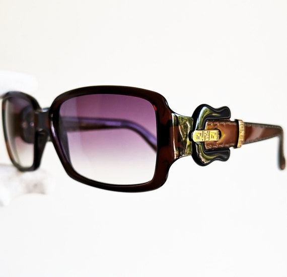 FENDI Vintage Sunglasses Square Black Brown Gold Belt Buckle