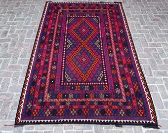 ヴィンテージアフガンキリムラグ: 5x7 ハンドメイドウール平織り