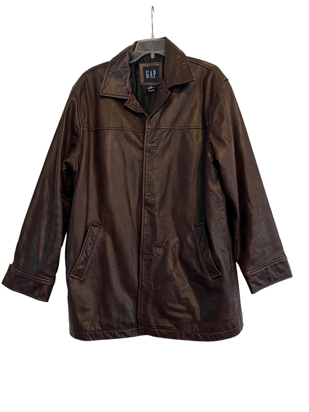 Vintage GAP Mens Genuine Leather Jacket Coat Brown Button up Y2K
