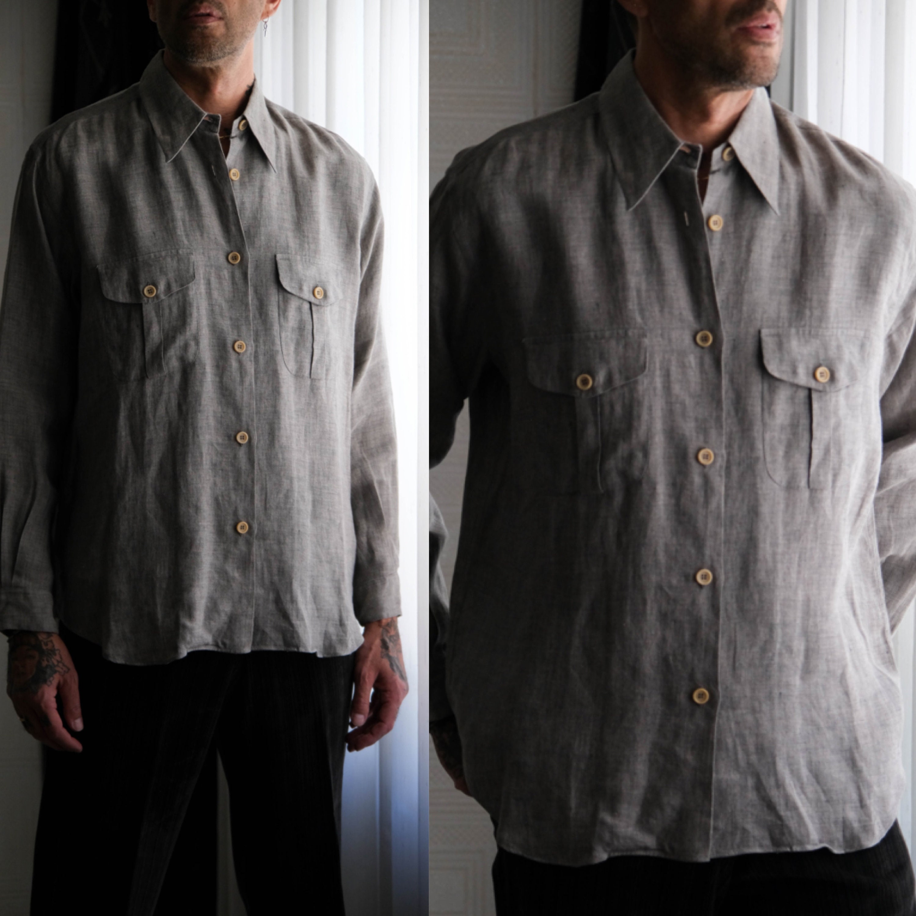 Vintage 80s Giorgio Armani Le Collezioni Light Gray Linen Shirt W