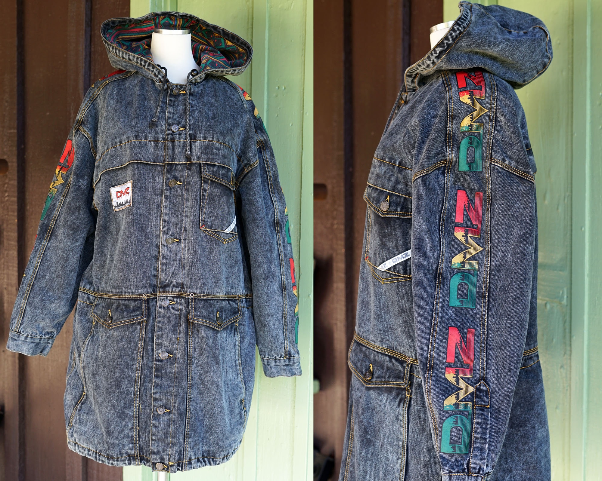 1980s 1990s Black Grey Denim DMZ Safe Zone Denim Jacket // 80s 90s