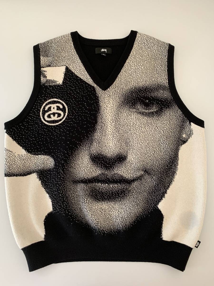 STUSSY Photo Jacquard Knit Vest logo size L color Black White