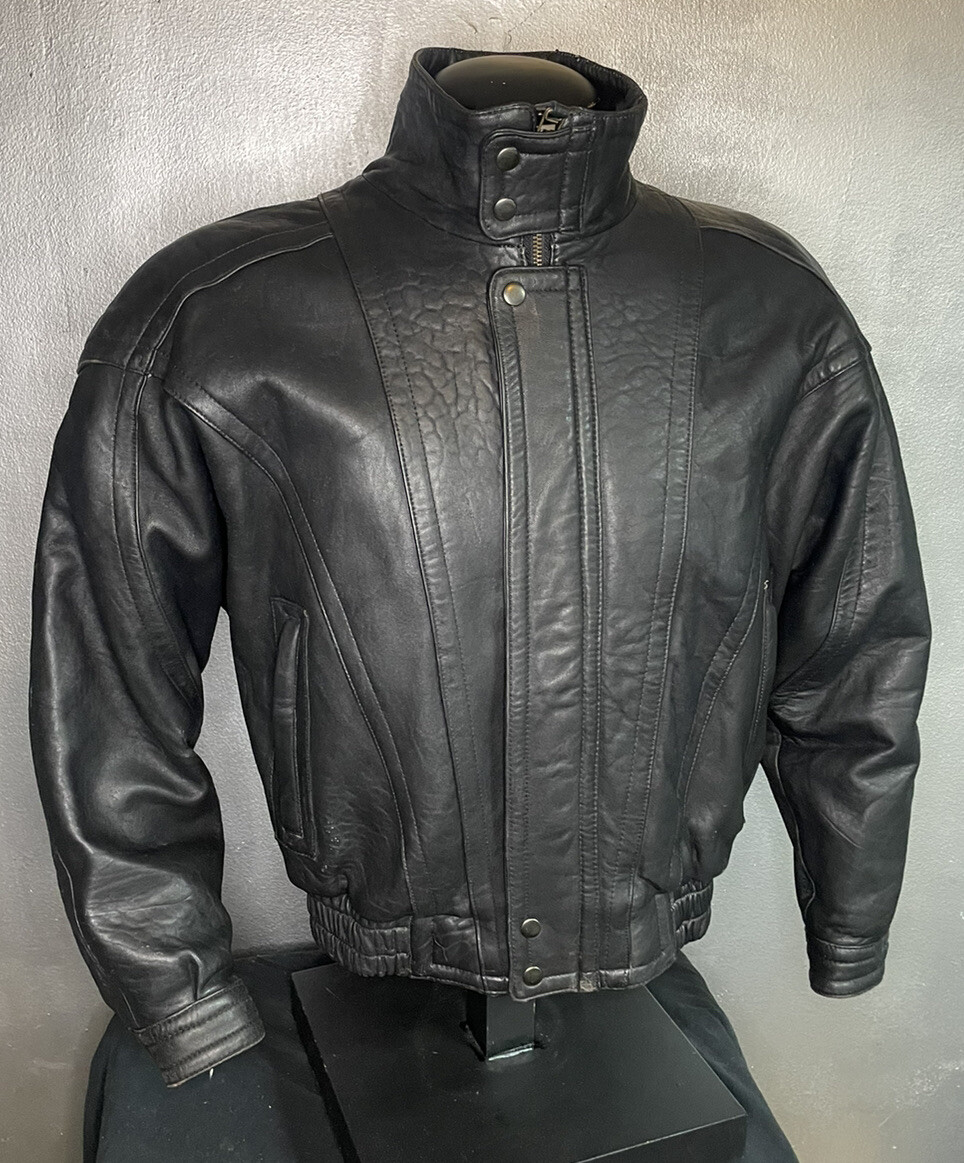 Vintage 'Dodge City' Heavy Leather Jacket Mens Biker Bomber Black