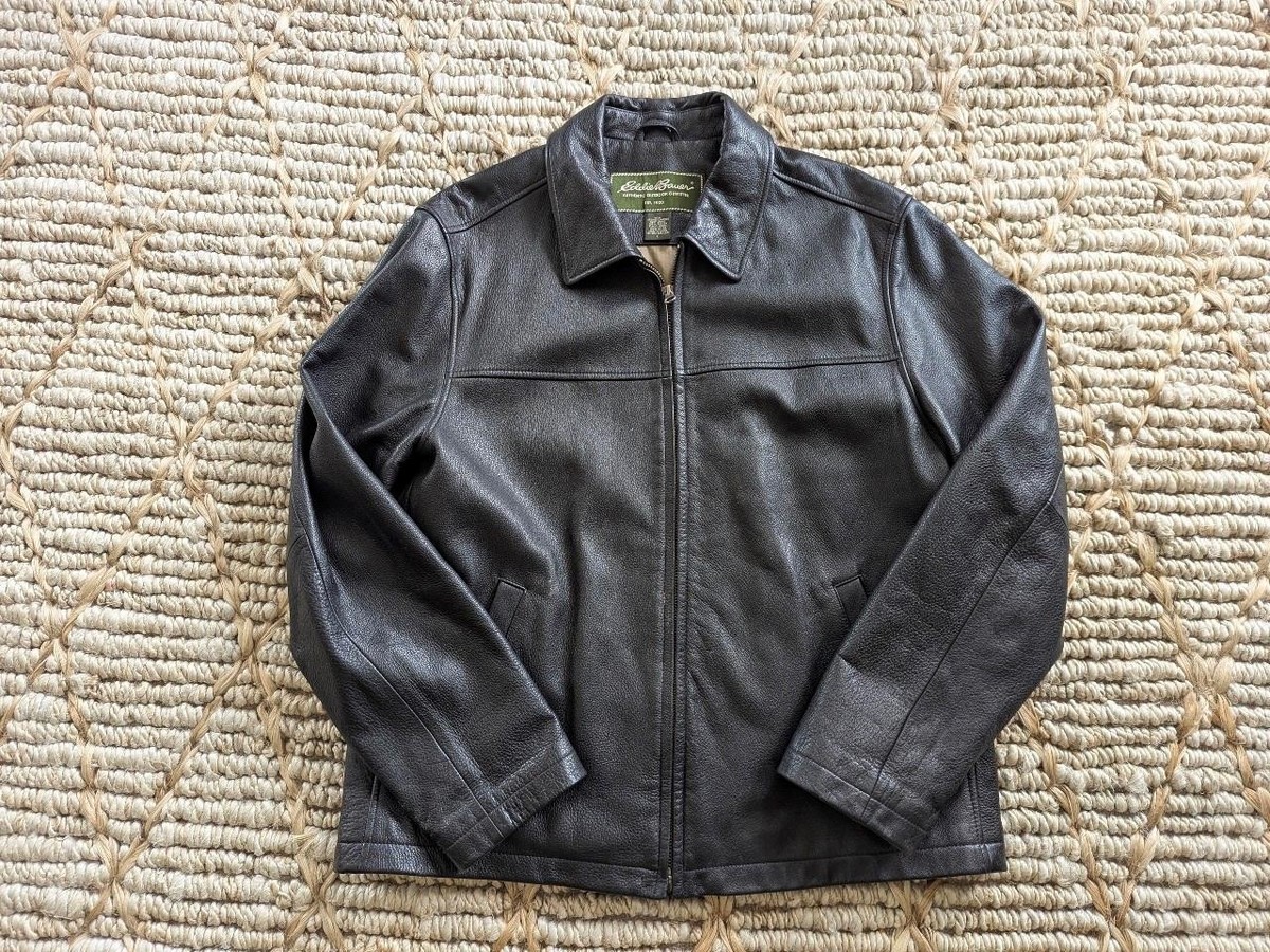vintage EDDIE BAUER leather jacket L black MOTO supple cowhide | eBay