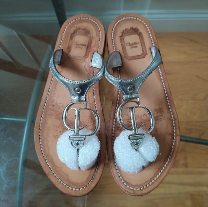 Rare Vintage Christian Dior Silver Leather Sandals CD Logo Size 37