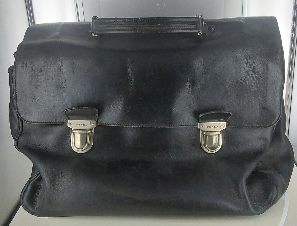 Vintage Prada-Black Double Lock Leather Briefcase - Used | eBay