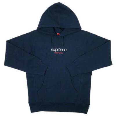 SUPREME CHROME CLASSIC LOGO HOODED SWEATSHIRT NAVY SIZE MEDIUM BOX