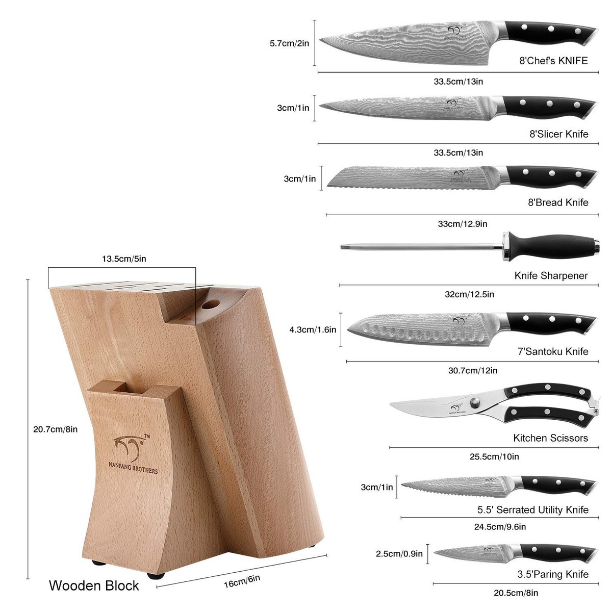 NANFANG BROTHERS Knife Sets, 9 Pieces Damascus Kitchen Knife Set